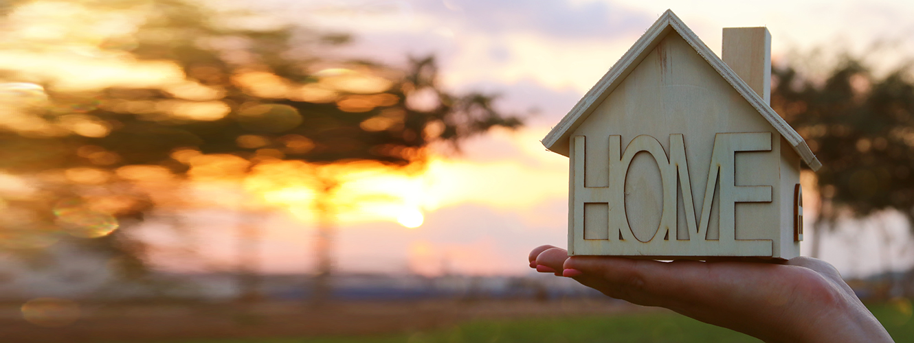 hand holding a wooden house shaped box