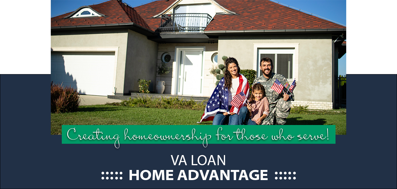 Military family sitting outside house with American flag. Promotion for VA Loans.