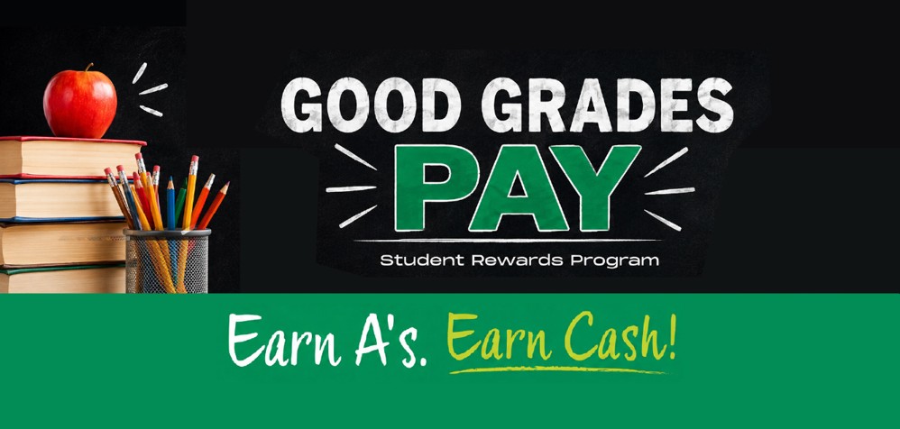 good grades pay, student rewards, earn a's earn cash, apple, books, pencils