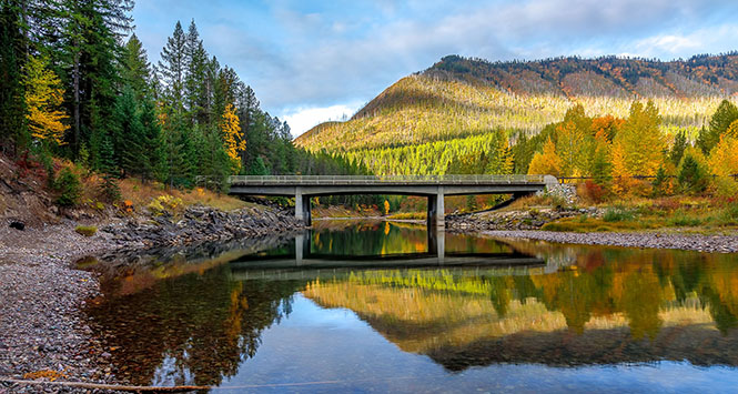 bridge over river with fall colors